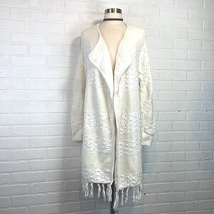 GAP Boho Ivory Longline Swiss Dot Cotton Open Front Fringe Hem Cardigan Sweater